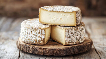 Closeup of fresh goat cheese with a creamy texture, showcasing a slice of traditional Mediterranean feta-style chevre, symbolizing purity, natural ingredients, and artisanal dairy craftsmanship