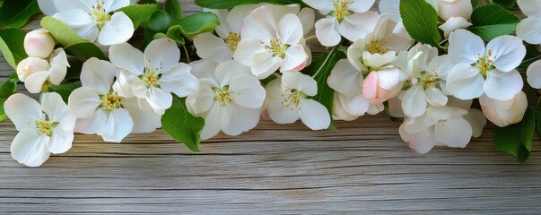 White apple blossoms on wooden surface with green leaves in springtime