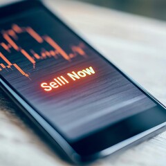 A close-up of a smartphone displaying a blinking "Sell Now" stock market alert