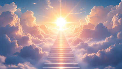  Ladder or way heavens gate in paradise. After life concept. Stairs to heaven in beautiful blue cloudy sky. God light. Stairway through clouds leading to heavenly light in spiritual fantasy. Religion