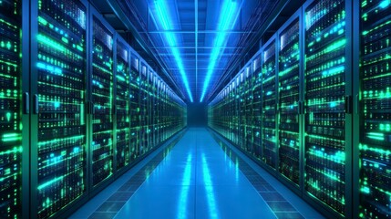 Server Room Interior, Blue and Green Light, Data Center, Future Tech, Virtual World