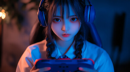 A young gamer in a sleek uniform exudes confidence and professionalism. Standing tall, her beauty and elegance are highlighted against a blurred professional background, symbolizing grace and modernit