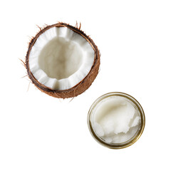 Coconut and jar of solid coconut oil  
