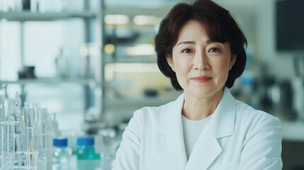 A confident middle-aged Asian woman in a lab coat smiles in a modern laboratory setting. She represents professionalism in the fields of science and healthcare.