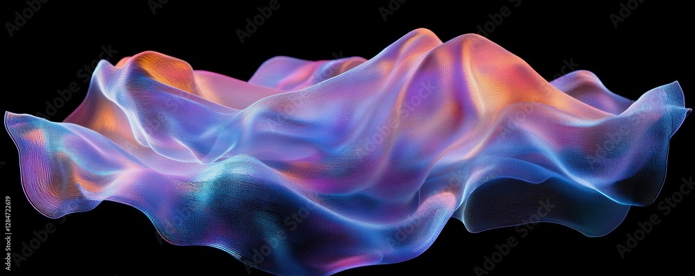 Poster abstract colorful waveform with flowing fabric-like texture on black background