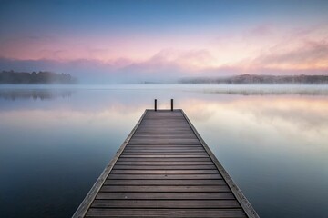 Naklejka premium Serene wooden pier extends into calm lake, reflecting pastel hues of sunset sky.