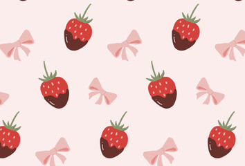 Pattern with strawberries in chocolate. Cute vector background with strawberries. Delicate print with dessert is suitable for printing on paper, packaging, wallpaper and fabric.