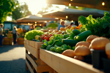 A market scene featuring farm-fresh vegetables and handmade bread. The natural, unprocessed foods reflect a commitment to environmental consciousness.