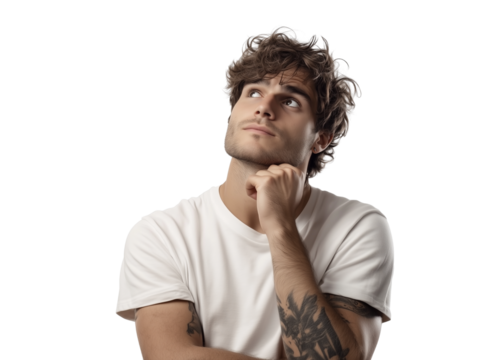 Pensive man looking away, squinting his eyes and putting his hand on his chin, isolated on a white background, full-length