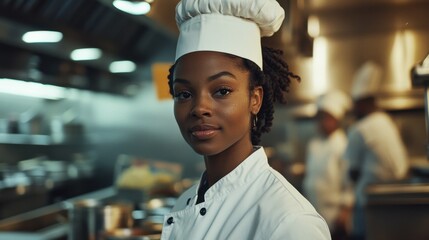 A confident young Black female chef is portrayed in a bustling professional kitchen, showcasing her culinary skills and passion for cooking. She represents dedication in the food industry.