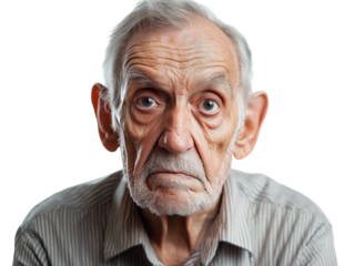 Pensive man looking away with a faraway gaze, lowered corners of lips, isolated on a white background