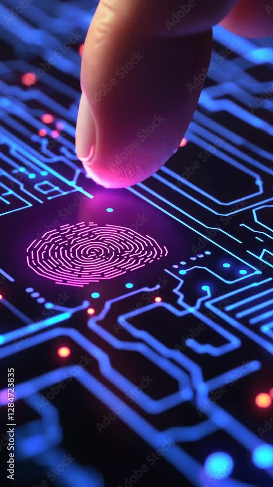 Aufkleber unique fingerprint technology showcased on a futuristic circuit board with glowing patterns and vibr