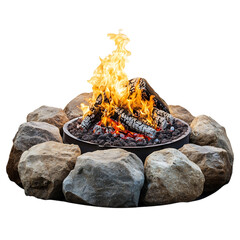 A Glowing Intense Flame from a Fire Pit Surrounded by Rocks Isolated on Transparent Background