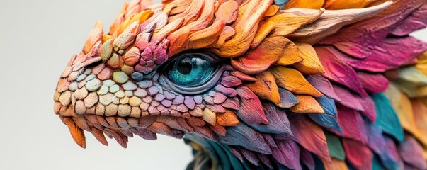 Colorful textured fantasy dragon close-up with intricate scales and bright blue eye