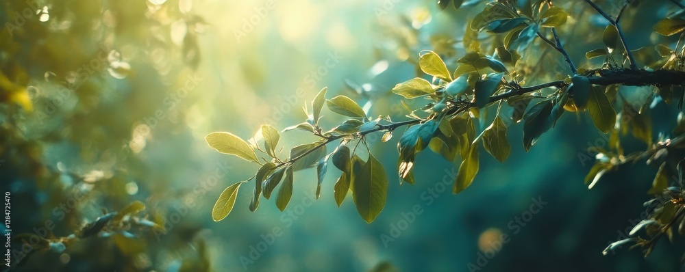 Poster sunlit green leaves on a tree branch with soft focus and ambient light in a forest setting