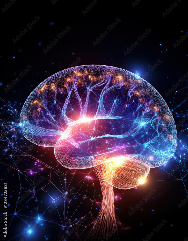 Poster transforming brainwaves into a vibrant display of flowing stars in a cosmic dance of creativity