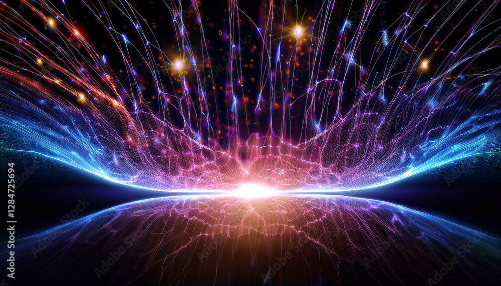 Poster brainwaves morph into a cosmic flow of vibrant stars across a vast cosmic background