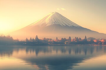 Beautiful landscape showing Mount Fuji overlooking a peaceful lake environment