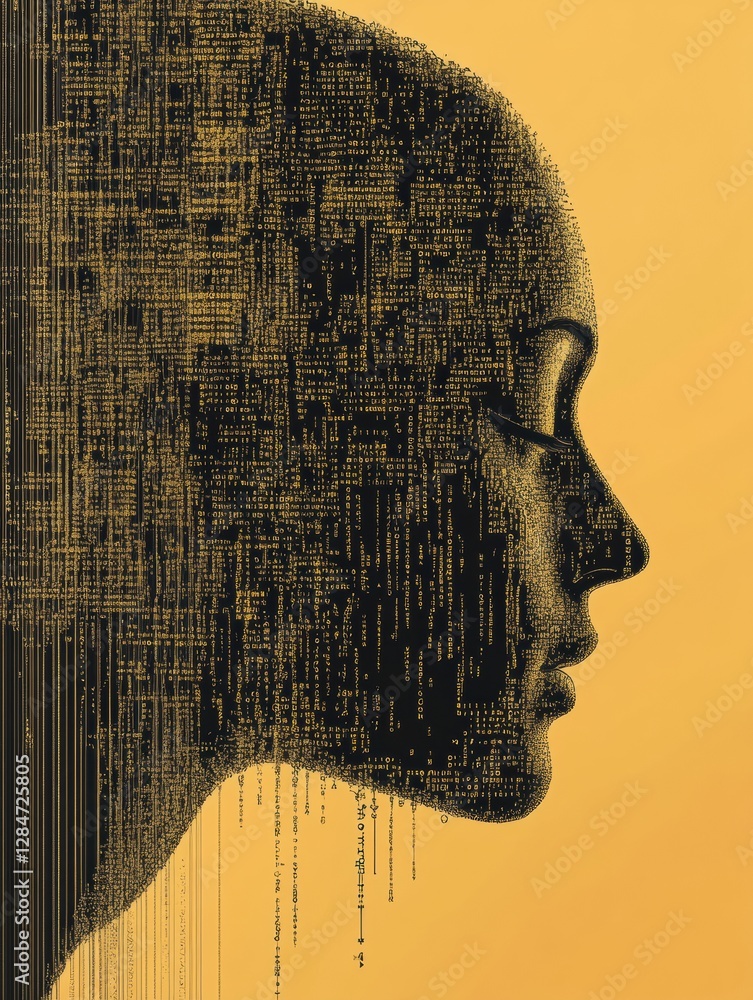 Poster Human face outline dissolving into binary code represents futuristic AI concept with data flow. Generative AI
