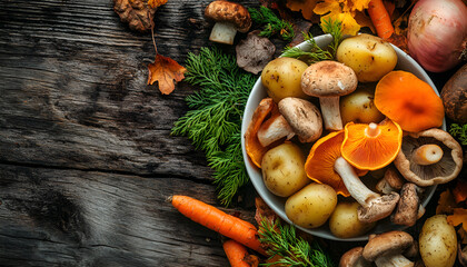 Homemade hot soup in white craft bowl with fresh wild mushrooms, potatoes, carrots and onion on brown autumn background. Boletus Edulis, chanterelles, orange cap boletus