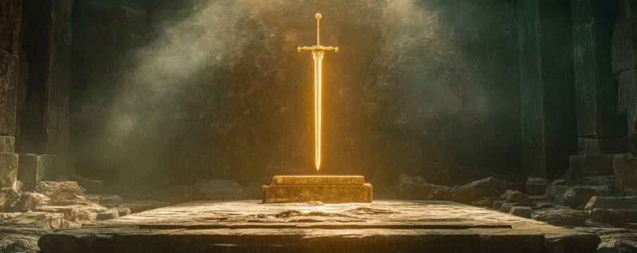 Ancient glowing sword floating amidst ruins in mysterious stone chamber