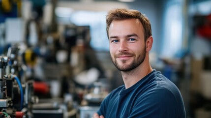 A professional male technician poses in a workshop, showcasing his skills. His relaxed demeanor and confident smile enhance the industrial backdrop, perfect for various themes.