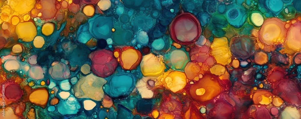 Poster abstract colorful fluid art with vibrant circles and organic shapes in dynamic composition