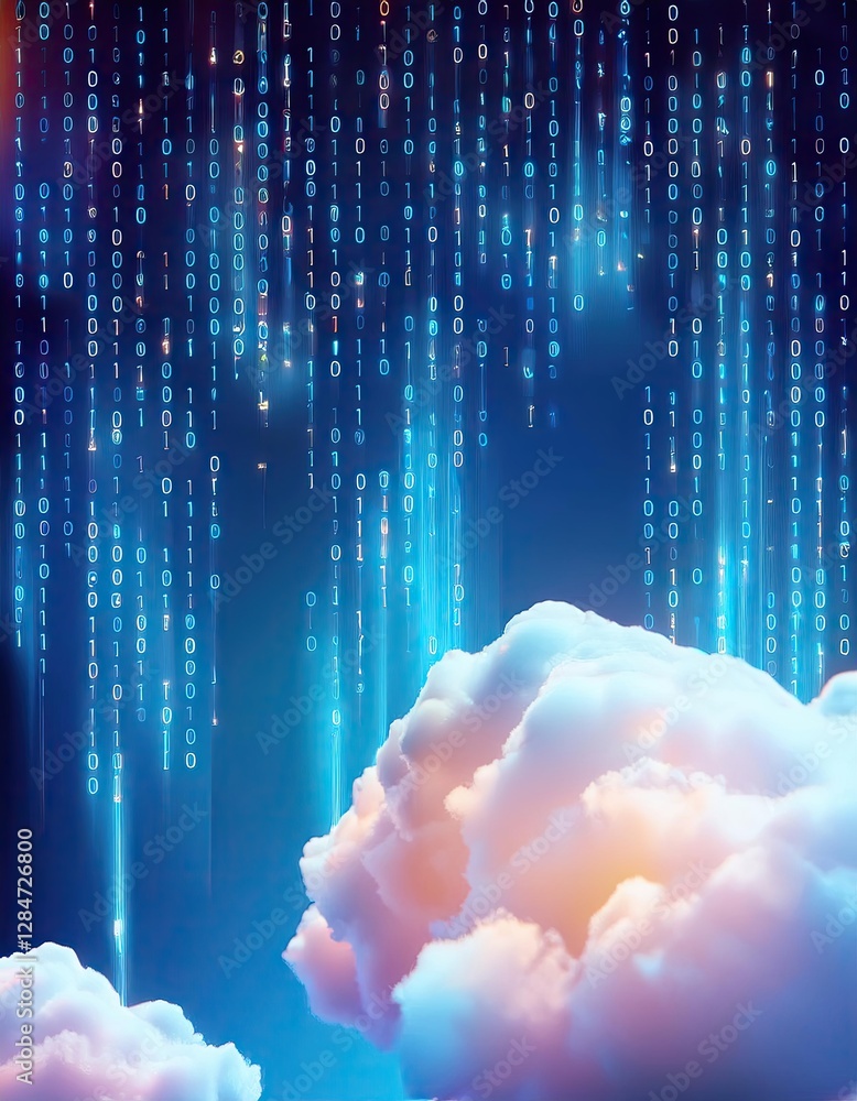 Poster Floating Clouds Illuminated by Cascading Streams of Digital Code Create an Ethereal Atmosphere