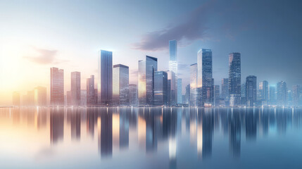 Obraz premium Futuristic Glow: Illuminated Skyline Reflected in a Digital Horizon