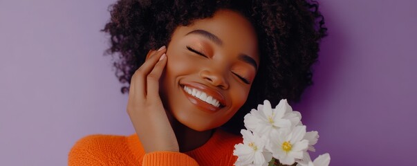 Smiling african female holding flowers against purple background