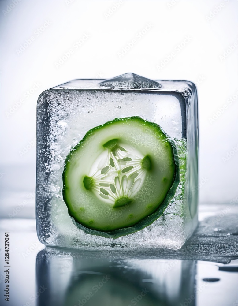 Poster Cucumber Slice Trapped in an Icy Cube Glistening Under Soft Light
