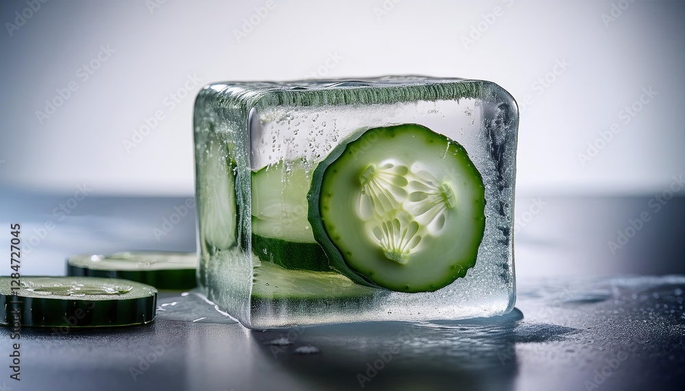 Poster frozen cucumber cube revealing refreshing inner texture in vibrant frost