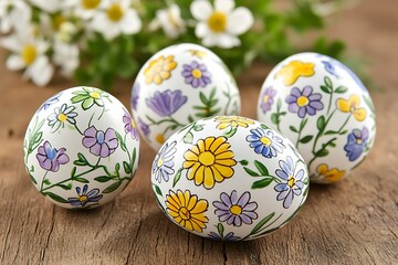 Fototapeta premium Four floral decorated Easter eggs resting on wooden surface
