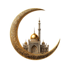 Islamic Crescent Moon with Golden Mosque | Eid Mubarak Symbol, Ramadan Celebration, Spiritual Art