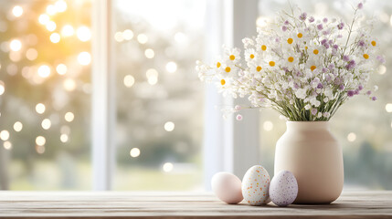 Colorful eggs and bouquet of beautiful spring flowers with window on background. Spring and Happy Easter holiday concept with copy space. Design for greeting card, banner, invitation