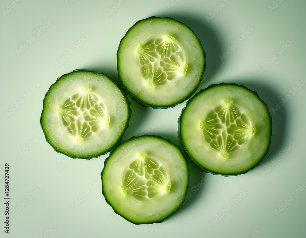 Poster Cucumber Rounds Arranged Beautifully to Form a Clover Design on a Soft Green Backdrop