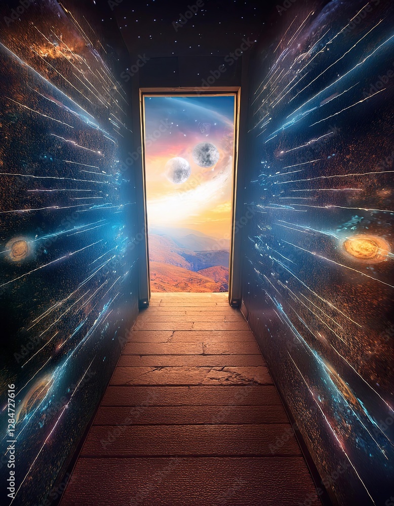 Poster doorway opens to a breathtaking virtual universe filled with cosmic wonders and colorful lights