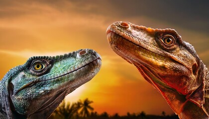 Fototapeta premium Exploring Vibrant Reptiles and Their Majestic Silhouettes Against a Breathtaking Sunset Backdrop