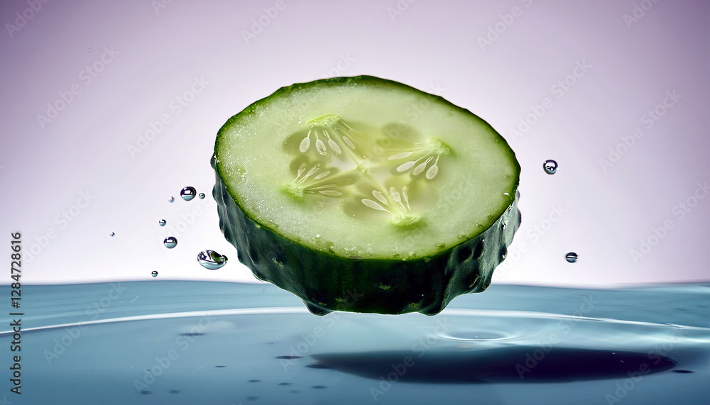 Aufkleber floating cucumber half casting delicate shadows above a tranquil surface at dawn
