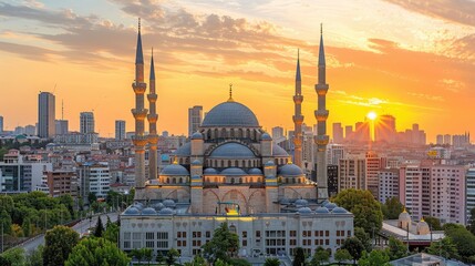 Fototapeta premium Golden Sunset Over Istanbul Skyline with Majestic Mosque and Dramatic Clouds Illuminating the Cityscape
