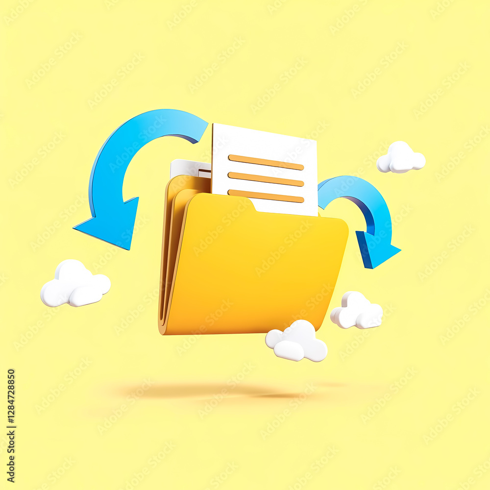 Poster 3d render of yellow folder with document and blue arrows representing data transfer
