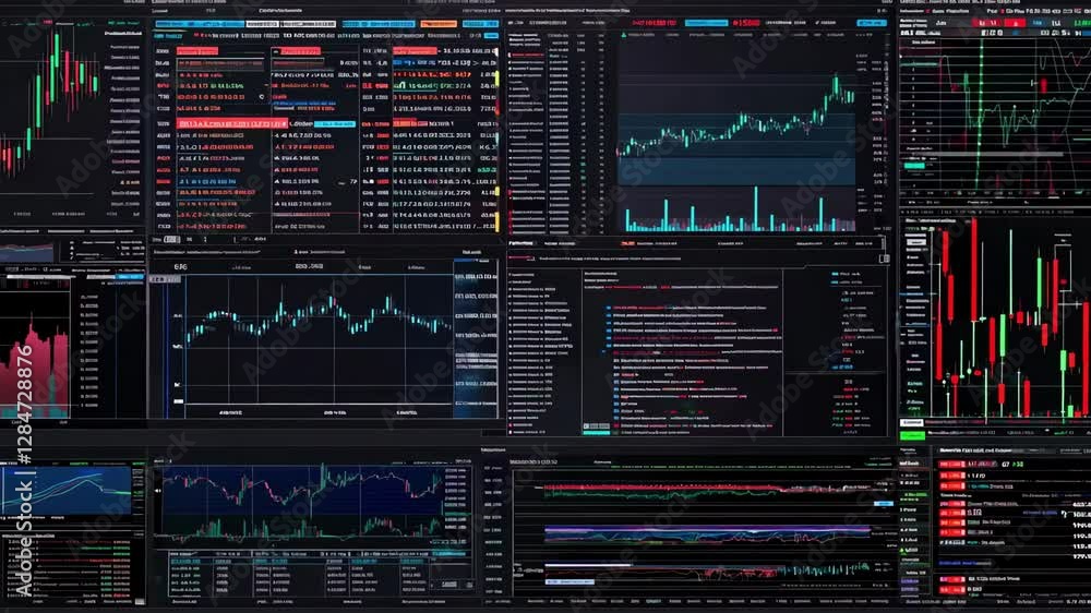 Poster detailed trading data and real time charts illustrating stock market activity and analysis for infor
