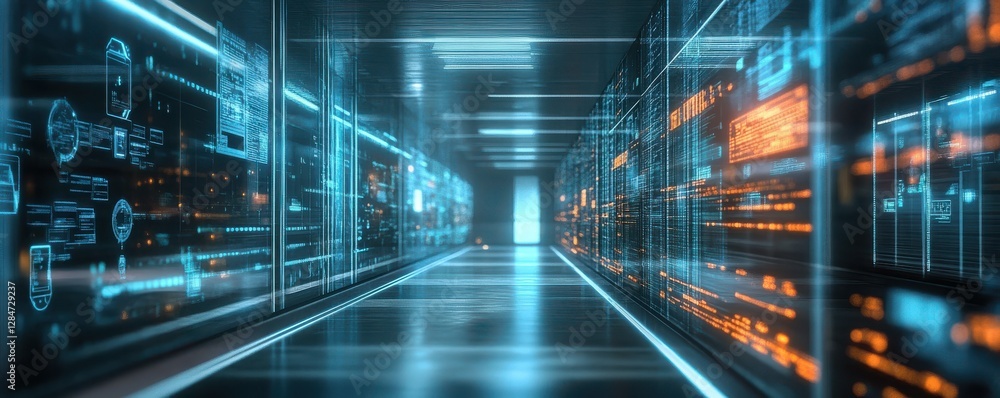 Poster futuristic data center corridor with digital interfaces displaying neon blue and orange information