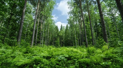 Obraz premium Lush forest with tall trees and ferns. Sunny day. Nature's beauty. Great for desktop backgrounds