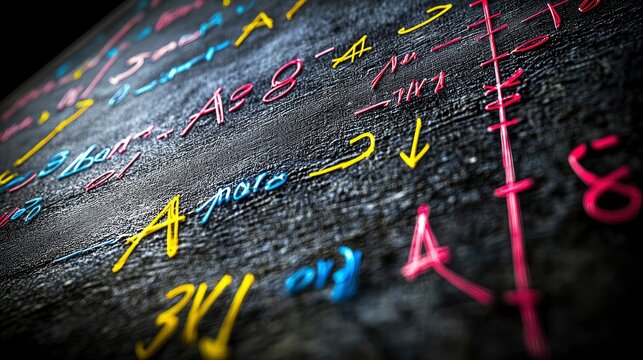 Abstract Colorful Mathematical Equations on a Dark Blackboard