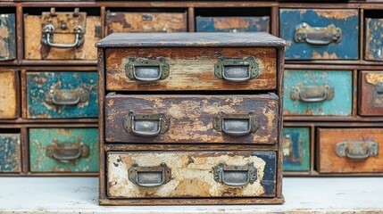 Vintage wooden box, antique drawers, workshop, colorful cabinets in background