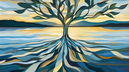 Abstract tree of life painting in blue and gold tones, symbolizing growth and connection with a serene landscape backdrop