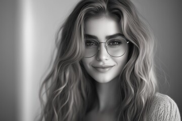 Fototapeta premium A noir-inspired black and white portrait of an elegant woman with glasses and wavy hair.