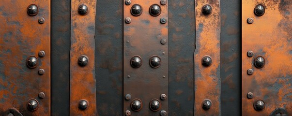 Fototapeta premium Rustic iron panels with rivets forming a patterned textured industrial background