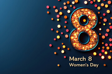 Colorful number 8 made of dots on a blue background for Women's Day.